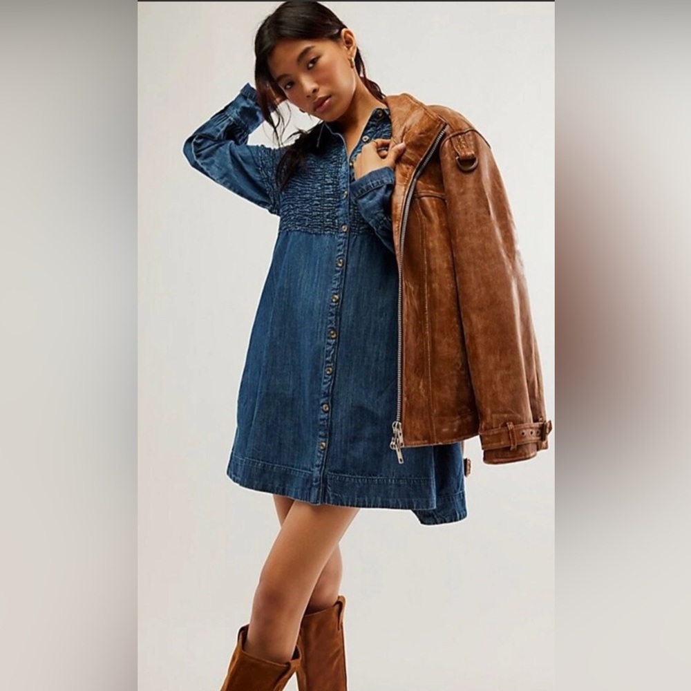 Free People Blue Denim Long Sleeve Button Dress